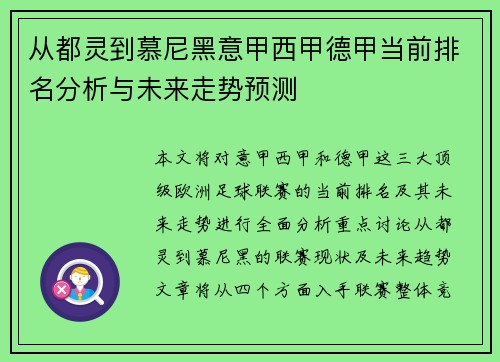 从都灵到慕尼黑意甲西甲德甲当前排名分析与未来走势预测