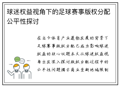 球迷权益视角下的足球赛事版权分配公平性探讨