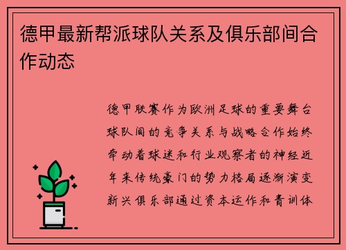 德甲最新帮派球队关系及俱乐部间合作动态