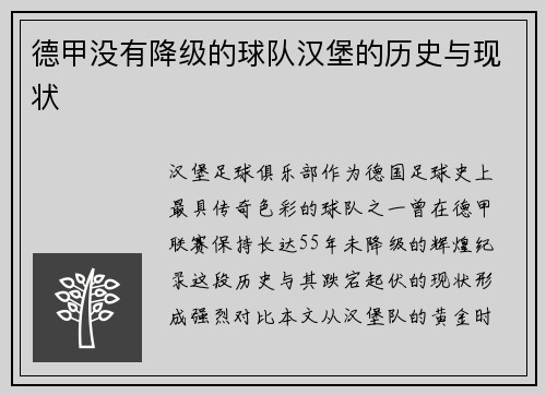 德甲没有降级的球队汉堡的历史与现状