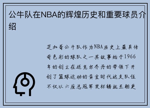公牛队在NBA的辉煌历史和重要球员介绍